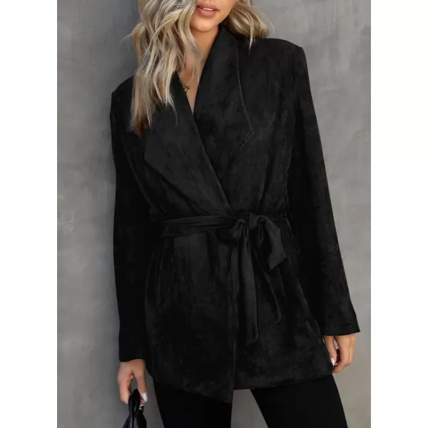 Happy Sailed Womens Faux Suede Jacket Fashion Lapel Neck Pocketed Waist Tie Business Casual Blazers Suits Trendy Outfits