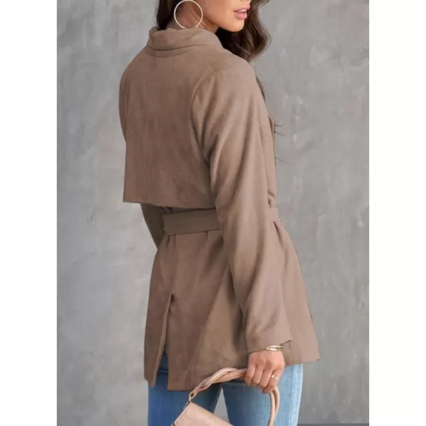 Happy Sailed Womens Faux Suede Jacket Fashion Lapel Neck Pocketed Waist Tie Business Casual Blazers Suits Trendy Outfits