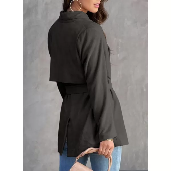 Happy Sailed Womens Faux Suede Jacket Fashion Lapel Neck Pocketed Waist Tie Business Casual Blazers Suits Trendy Outfits