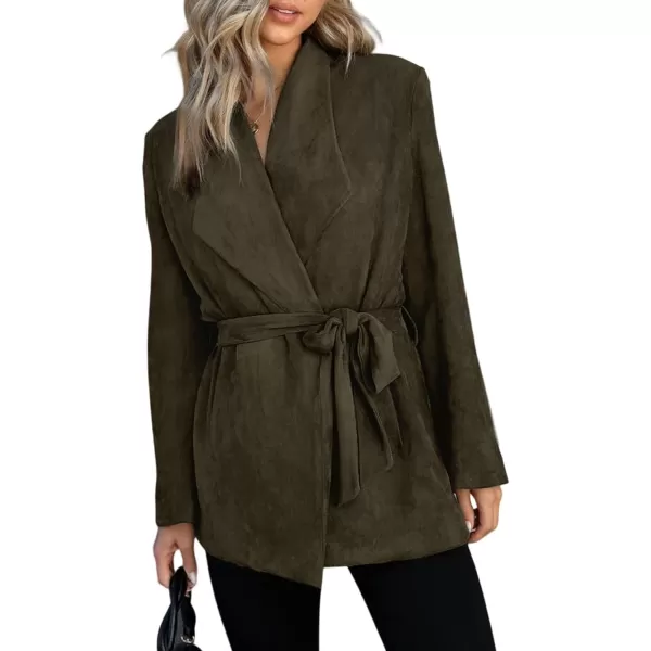 Happy Sailed Womens Faux Suede Jacket Fashion Lapel Neck Pocketed Waist Tie Business Casual Blazers Suits Trendy Outfits