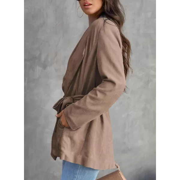 Happy Sailed Womens Faux Suede Jacket Fashion Lapel Neck Pocketed Waist Tie Business Casual Blazers Suits Trendy Outfits