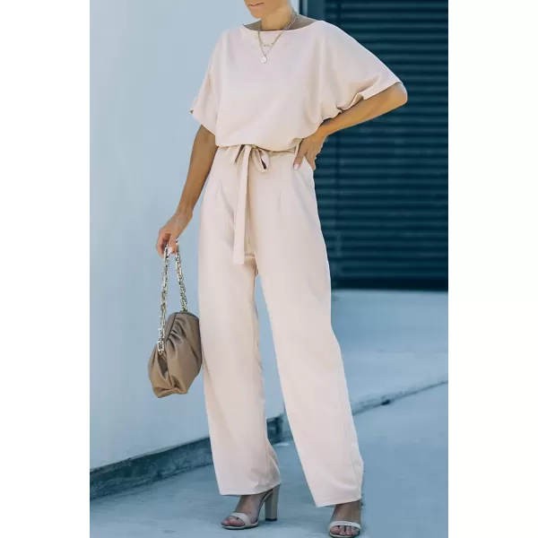 Happy Sailed Women Casual Loose Short Sleeve Belted Wide Leg Pant Romper Jumpsuits