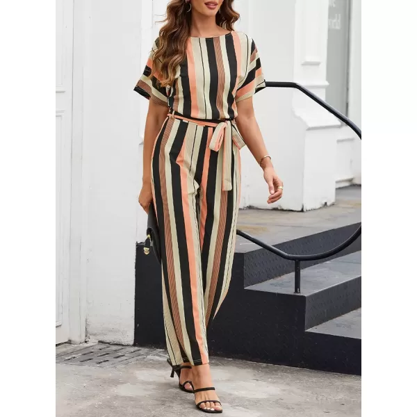 Happy Sailed Women Casual Loose Short Sleeve Belted Wide Leg Pant Romper Jumpsuits