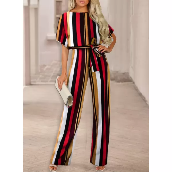 Happy Sailed Women Casual Loose Short Sleeve Belted Wide Leg Pant Romper Jumpsuits