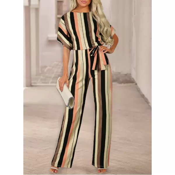 Happy Sailed Women Casual Loose Short Sleeve Belted Wide Leg Pant Romper Jumpsuits