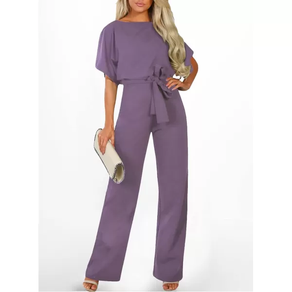 Happy Sailed Women Casual Loose Short Sleeve Belted Wide Leg Pant Romper Jumpsuits