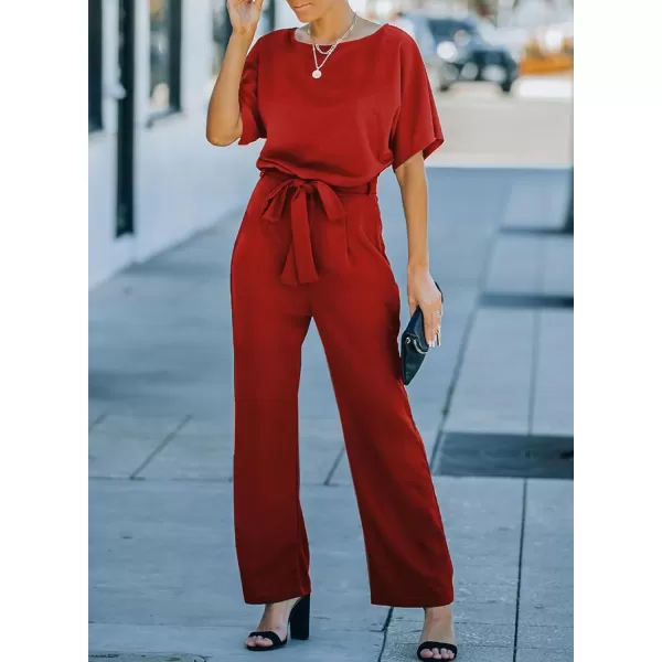 Happy Sailed Women Casual Loose Short Sleeve Belted Wide Leg Pant Romper Jumpsuits