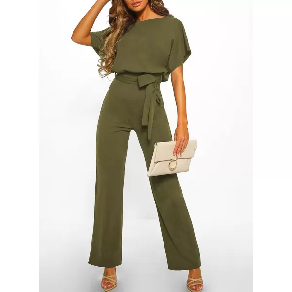 Happy Sailed Women Casual Loose Short Sleeve Belted Wide Leg Pant Romper Jumpsuits