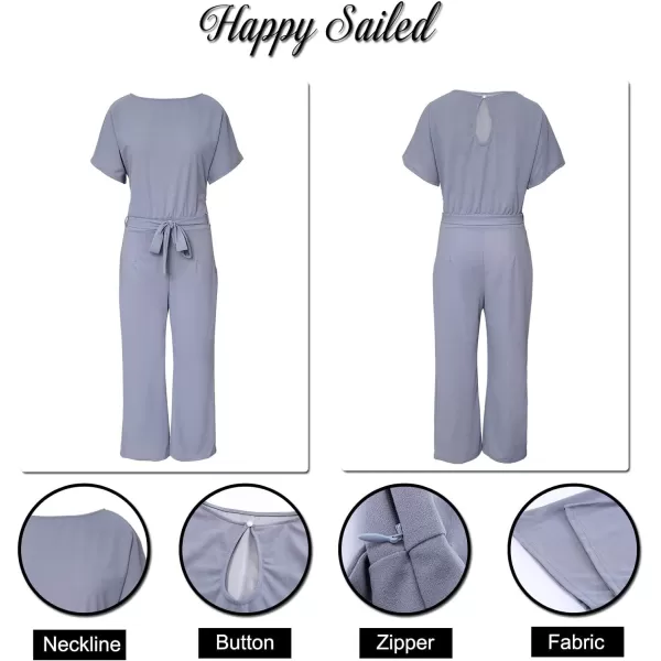 Happy Sailed Women Casual Loose Short Sleeve Belted Wide Leg Pant Romper Jumpsuits