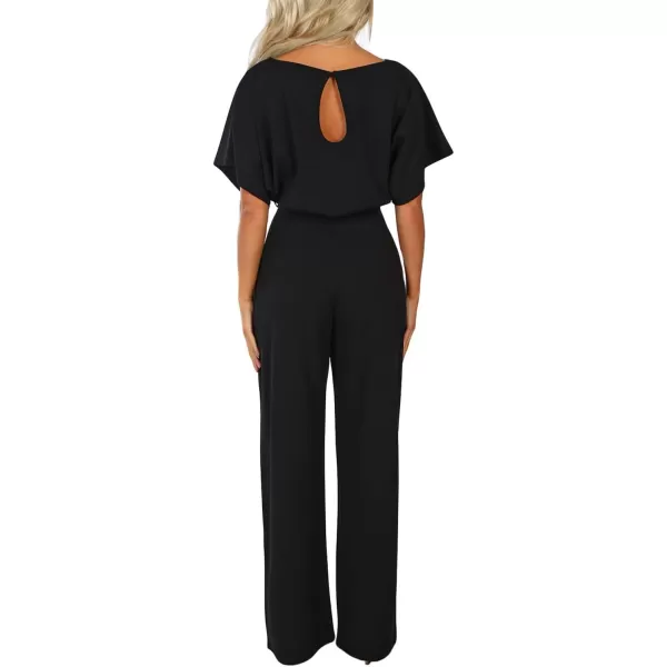 Happy Sailed Women Casual Loose Short Sleeve Belted Wide Leg Pant Romper Jumpsuits