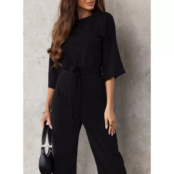 Happy Sailed Women Casual Loose Short Sleeve Belted Wide Leg Pant Romper Jumpsuits