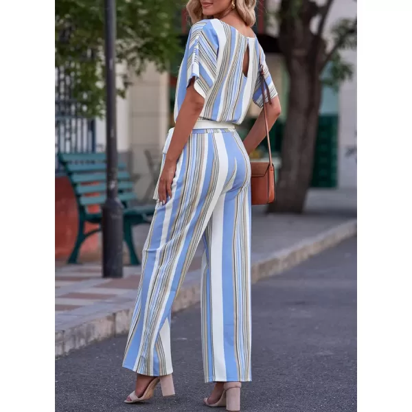 Happy Sailed Women Casual Loose Short Sleeve Belted Wide Leg Pant Romper Jumpsuits