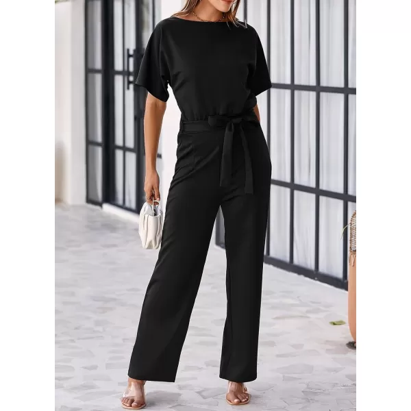 Happy Sailed Women Casual Loose Short Sleeve Belted Wide Leg Pant Romper Jumpsuits