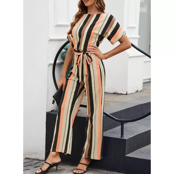 Happy Sailed Women Casual Loose Short Sleeve Belted Wide Leg Pant Romper Jumpsuits
