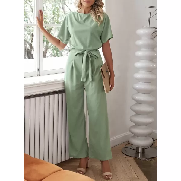Happy Sailed Women Casual Loose Short Sleeve Belted Wide Leg Pant Romper Jumpsuits