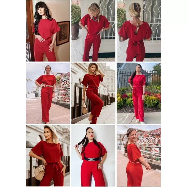 Happy Sailed Women Casual Loose Short Sleeve Belted Wide Leg Pant Romper Jumpsuits