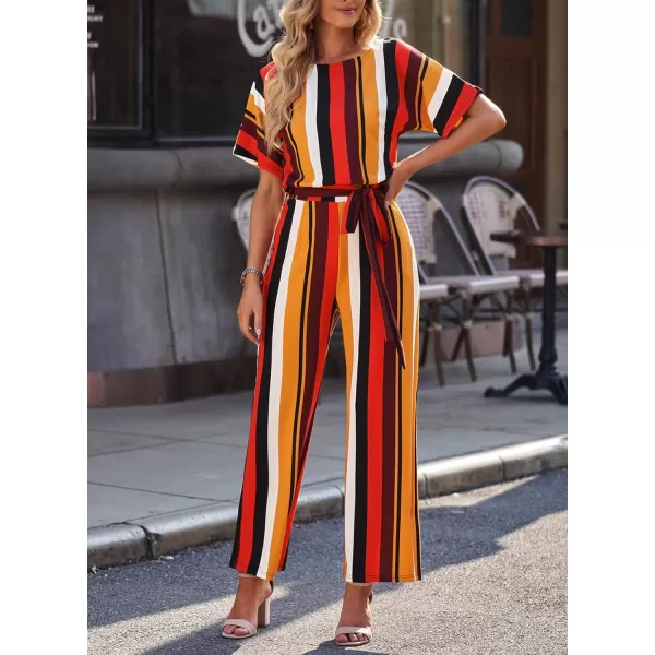 Happy Sailed Women Casual Loose Short Sleeve Belted Wide Leg Pant Romper Jumpsuits