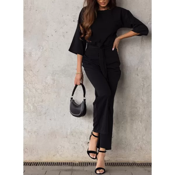 Happy Sailed Women Casual Loose Short Sleeve Belted Wide Leg Pant Romper Jumpsuits