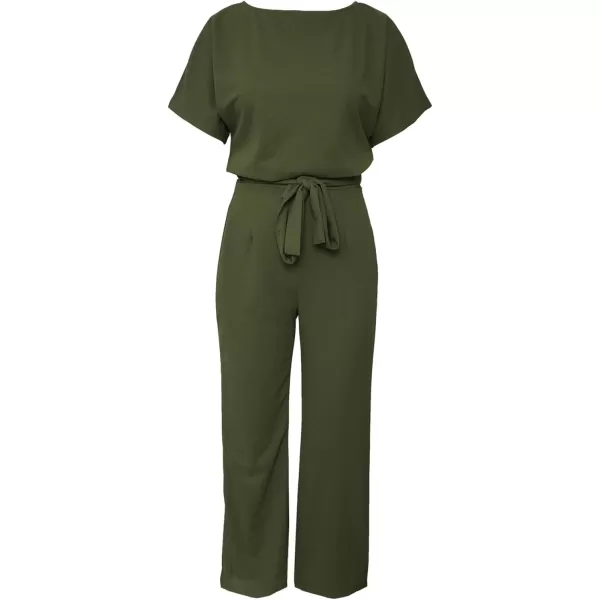 Happy Sailed Women Casual Loose Short Sleeve Belted Wide Leg Pant Romper Jumpsuits