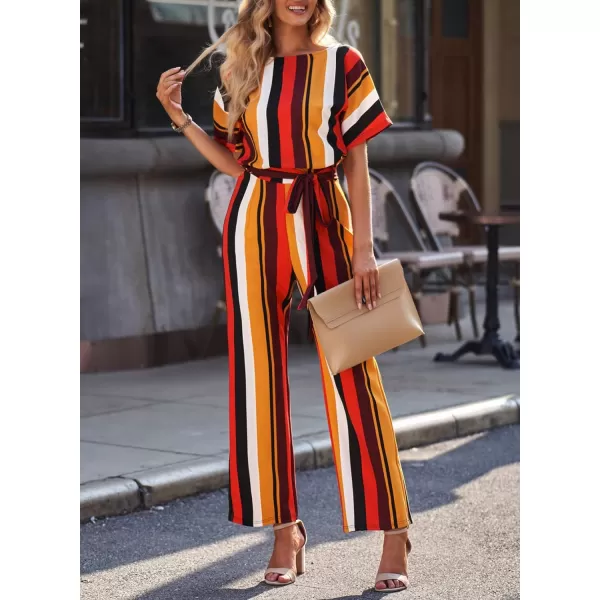 Happy Sailed Women Casual Loose Short Sleeve Belted Wide Leg Pant Romper Jumpsuits