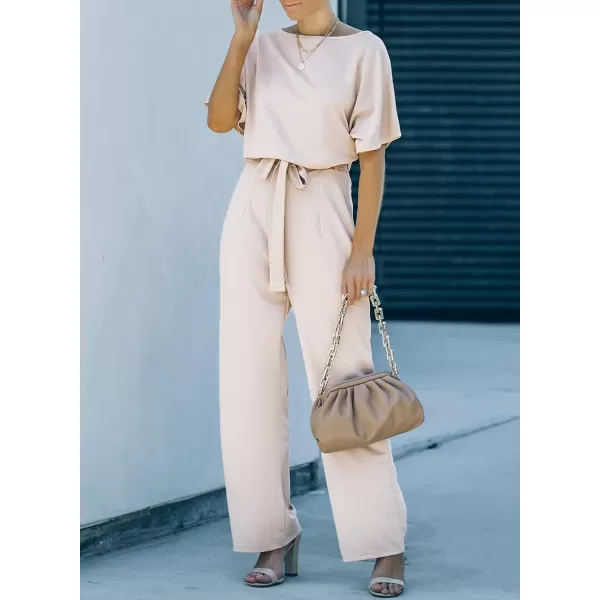 Happy Sailed Women Casual Loose Short Sleeve Belted Wide Leg Pant Romper Jumpsuits