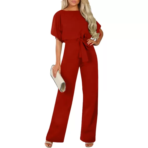 Happy Sailed Women Casual Loose Short Sleeve Belted Wide Leg Pant Romper Jumpsuits