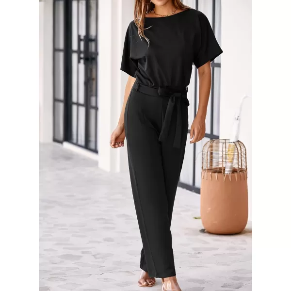 Happy Sailed Women Casual Loose Short Sleeve Belted Wide Leg Pant Romper Jumpsuits