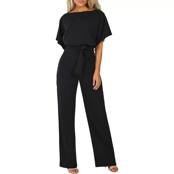 Happy Sailed Women Casual Loose Short Sleeve Belted Wide Leg Pant Romper Jumpsuits