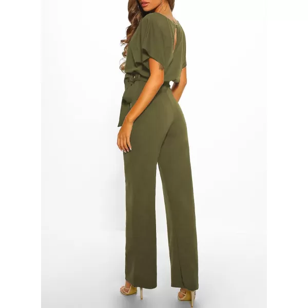 Happy Sailed Women Casual Loose Short Sleeve Belted Wide Leg Pant Romper Jumpsuits
