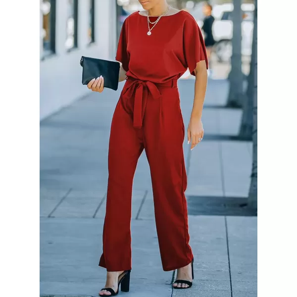Happy Sailed Women Casual Loose Short Sleeve Belted Wide Leg Pant Romper Jumpsuits