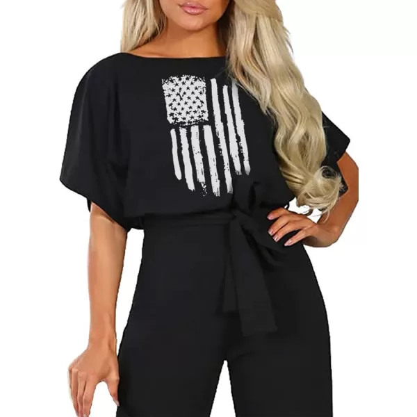 Happy Sailed Women Casual Loose Short Sleeve Belted Wide Leg Pant Romper Jumpsuits