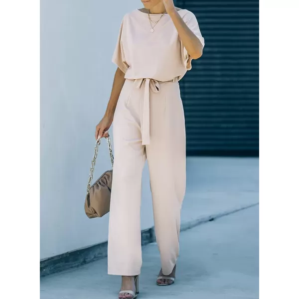 Happy Sailed Women Casual Loose Short Sleeve Belted Wide Leg Pant Romper Jumpsuits