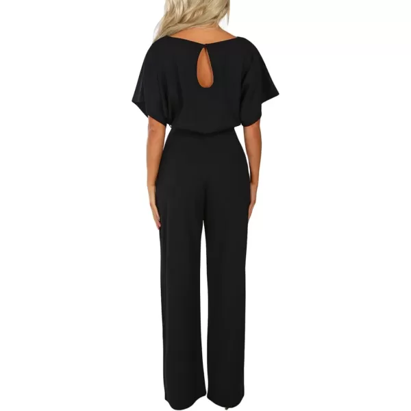 Happy Sailed Women Casual Loose Short Sleeve Belted Wide Leg Pant Romper Jumpsuits