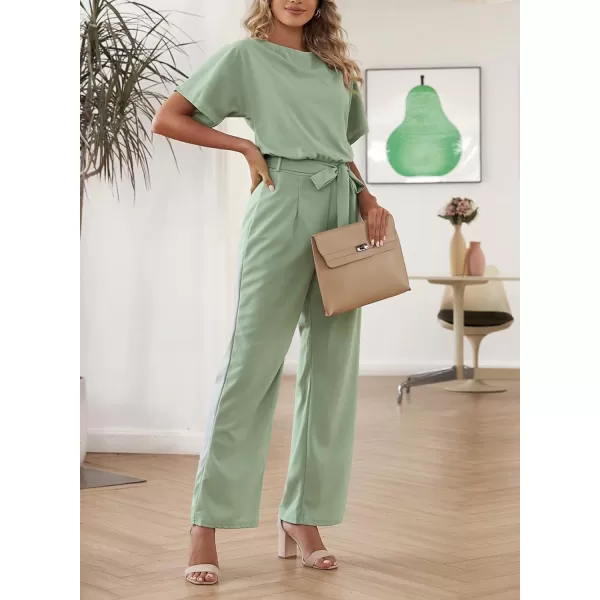 Happy Sailed Women Casual Loose Short Sleeve Belted Wide Leg Pant Romper Jumpsuits