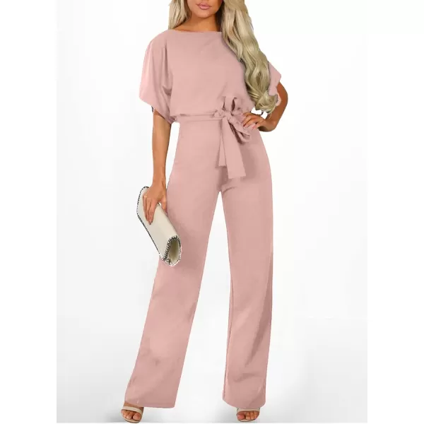 Happy Sailed Women Casual Loose Short Sleeve Belted Wide Leg Pant Romper Jumpsuits