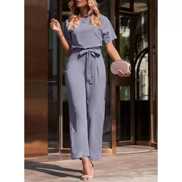 Happy Sailed Women Casual Loose Short Sleeve Belted Wide Leg Pant Romper Jumpsuits