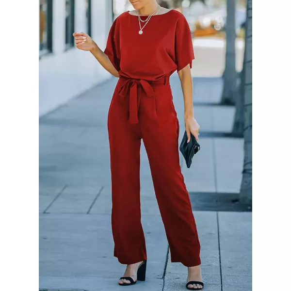 Happy Sailed Women Casual Loose Short Sleeve Belted Wide Leg Pant Romper Jumpsuits