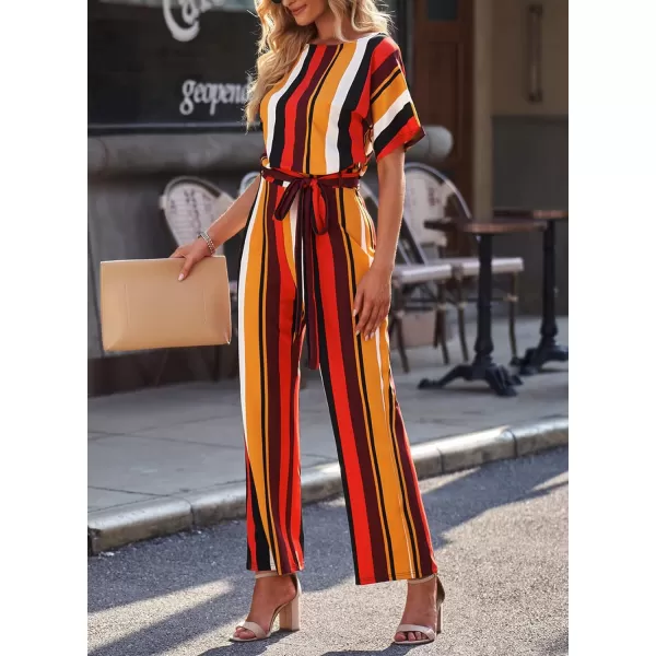 Happy Sailed Women Casual Loose Short Sleeve Belted Wide Leg Pant Romper Jumpsuits