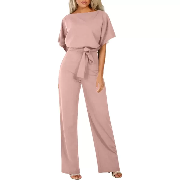 Happy Sailed Women Casual Loose Short Sleeve Belted Wide Leg Pant Romper Jumpsuits