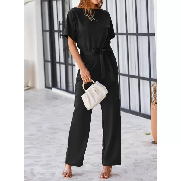 Happy Sailed Women Casual Loose Short Sleeve Belted Wide Leg Pant Romper Jumpsuits