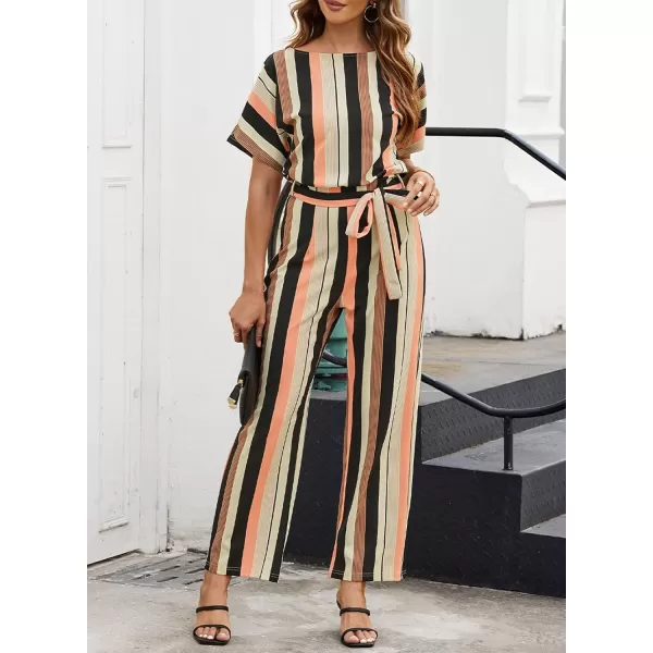 Happy Sailed Women Casual Loose Short Sleeve Belted Wide Leg Pant Romper Jumpsuits