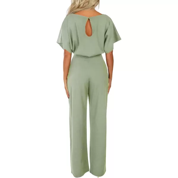 Happy Sailed Women Casual Loose Short Sleeve Belted Wide Leg Pant Romper Jumpsuits