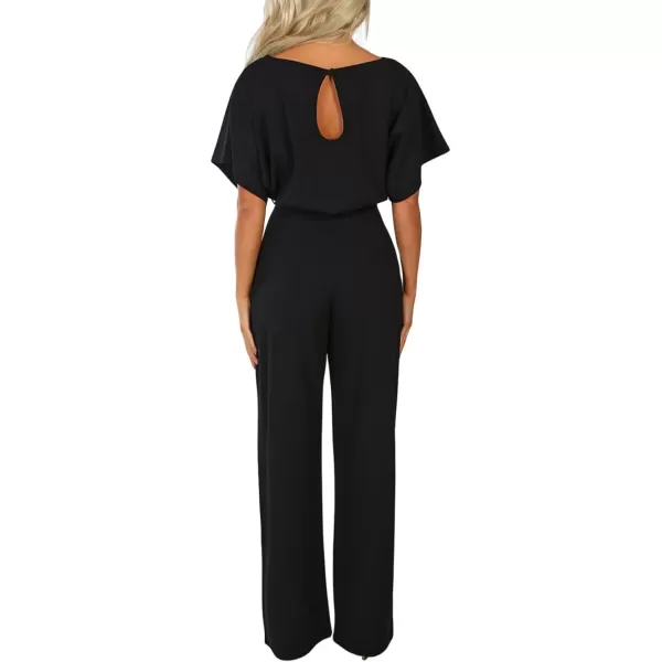 Happy Sailed Women Casual Loose Short Sleeve Belted Wide Leg Pant Romper Jumpsuits