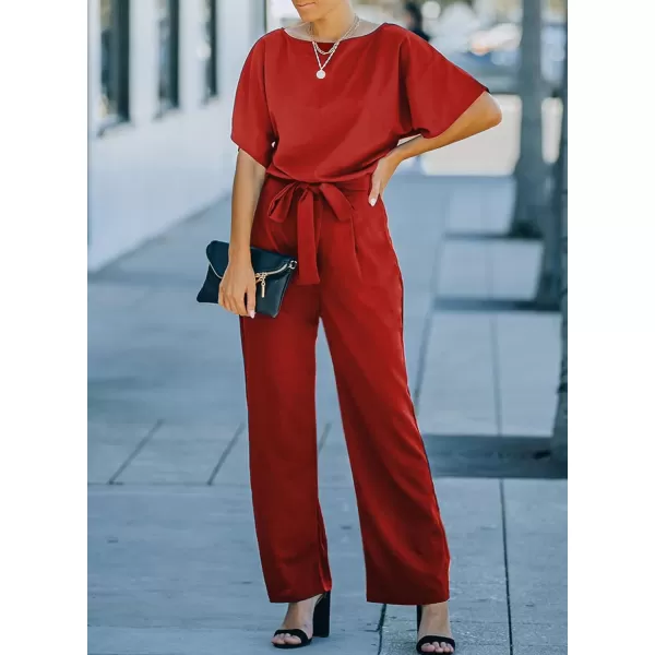 Happy Sailed Women Casual Loose Short Sleeve Belted Wide Leg Pant Romper Jumpsuits