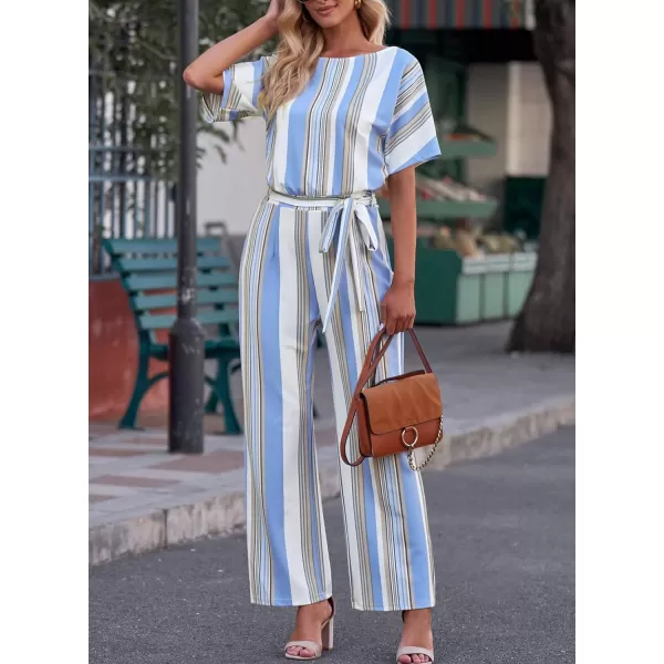 Happy Sailed Women Casual Loose Short Sleeve Belted Wide Leg Pant Romper Jumpsuits
