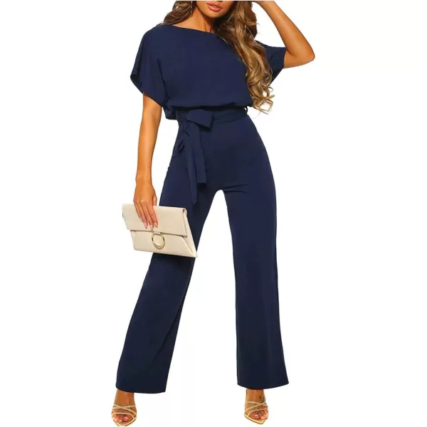 Happy Sailed Women Casual Loose Short Sleeve Belted Wide Leg Pant Romper Jumpsuits