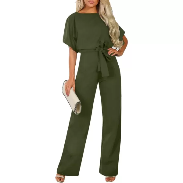 Happy Sailed Women Casual Loose Short Sleeve Belted Wide Leg Pant Romper Jumpsuits