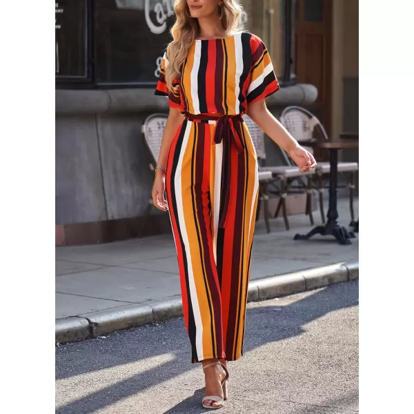 Happy Sailed Women Casual Loose Short Sleeve Belted Wide Leg Pant Romper Jumpsuits