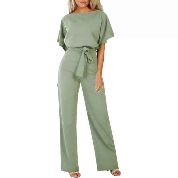 Happy Sailed Women Casual Loose Short Sleeve Belted Wide Leg Pant Romper Jumpsuits