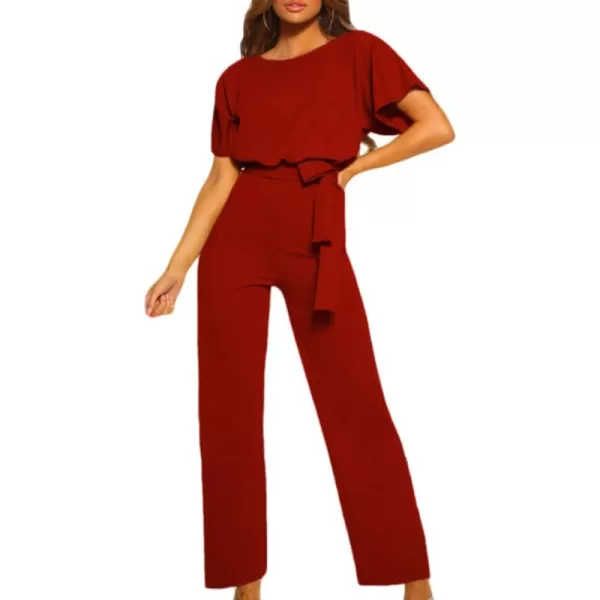 Happy Sailed Women Casual Loose Short Sleeve Belted Wide Leg Pant Romper Jumpsuits